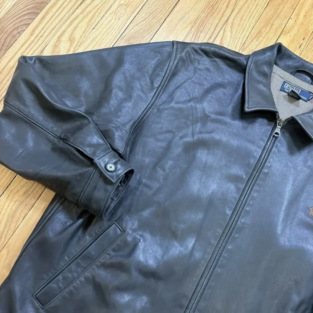 Polo Ralph Lauren Leather Jacket Men’s Size L Zip Front Plaid Lined *Flaw Read - Picture 4 of 16